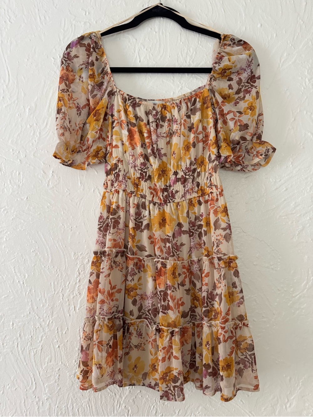 Smocked Puff-Sleeve Mini Dress in Cream with Yellow Floral Print